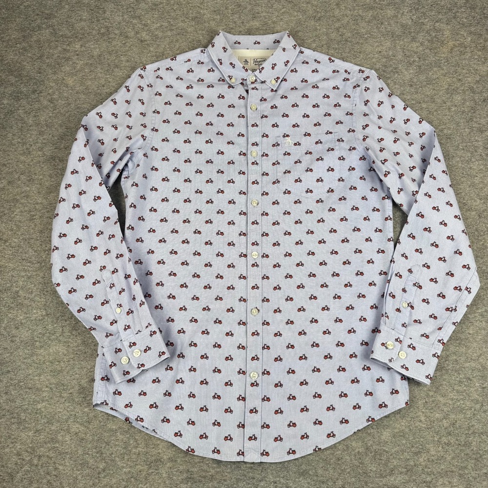 Penguin Button Down Shirt Long Sleeve Scooter All Over Print Blue Mens Small S